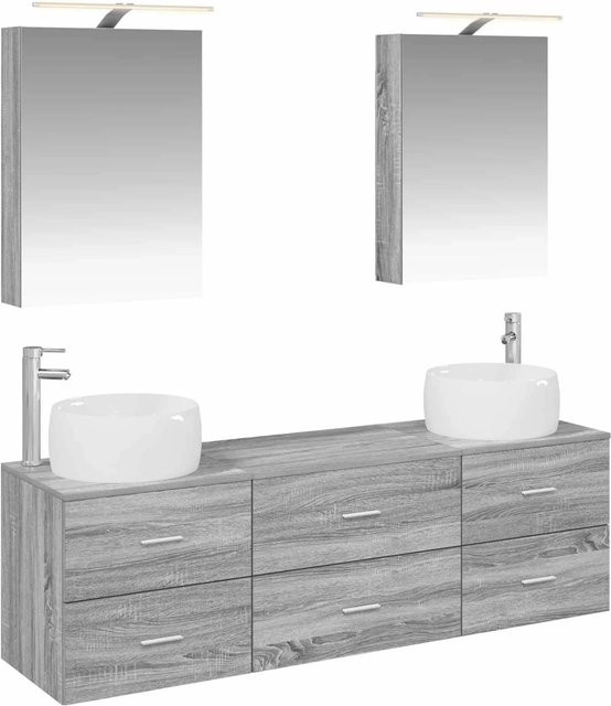 vidaXL Badezimmermöbel-Set 5-teilig in Grau mit Spiegelschrank, Waschtischunterschrank und Seitenschrank aus Holz und Glas mit LED-Beleuchtung - Bild 1