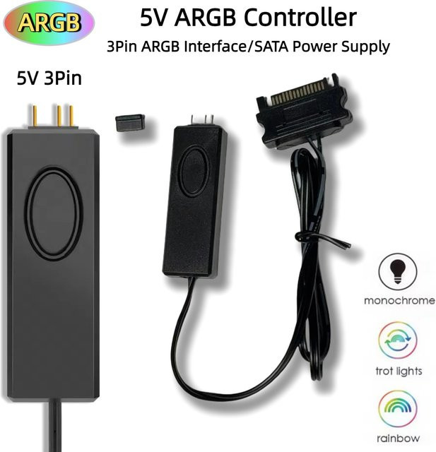 AuyiHomu 5V 3-Pin ARGB Controller mit SATA-Anschluss für PC-RGB-Beleuchtungshubs, Gehäuselüfter und LED-Lichtstreifen in Schwarz - Bild 1