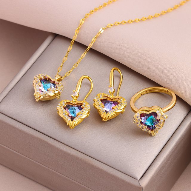 Marisa Schmuck-Set, Herz Anhänger, Halskette, Ohrringe, Ringe, Bunt, Zirkonia, Kristall, Damen - Bild 1