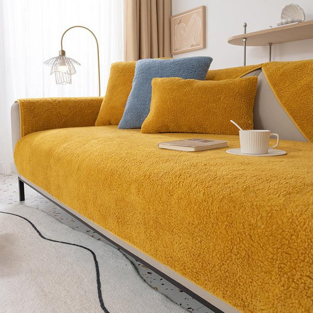 Warmes Lamm-Fleece Sofa Kissen in Gelb, rutschfeste Plüsch Sofa Abdeckung im Nordic-Stil, B/T: 120 x 90 cm - Bild 1
