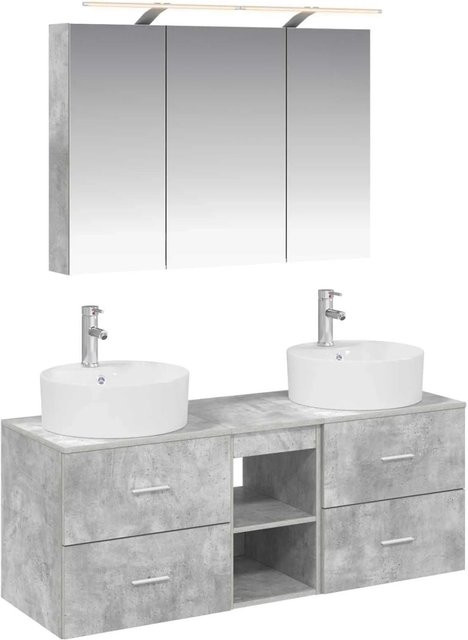 vidaXL Badezimmermöbel-Set 4-teilig in Betongrau mit Waschtischunterschrank, Spiegelschrank und Wandunterschrank aus Holz und Glas mit LED-Beleuchtung - Bild 1