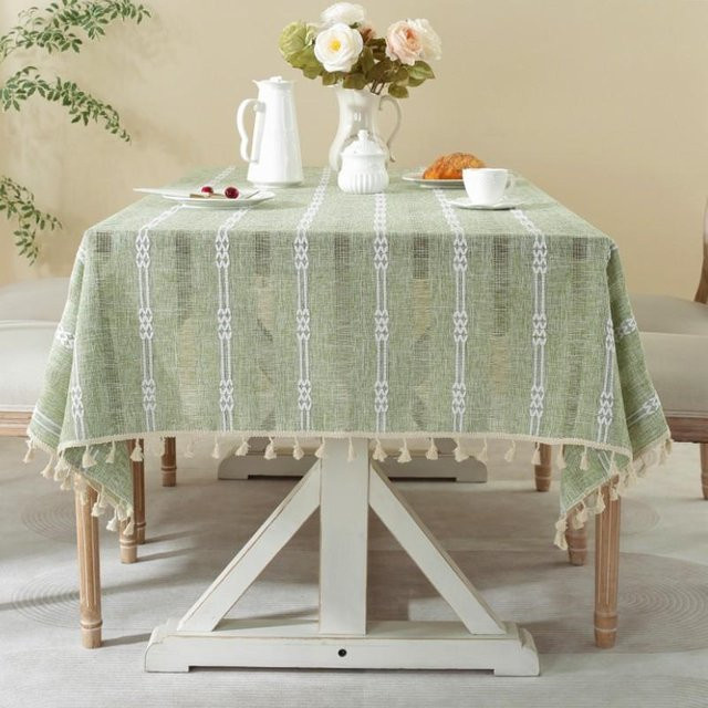 Jacquard Tischdecke Super Six mit Quasten und Streifen, Grün, B/B: 90 x 90 cm - Bild 1