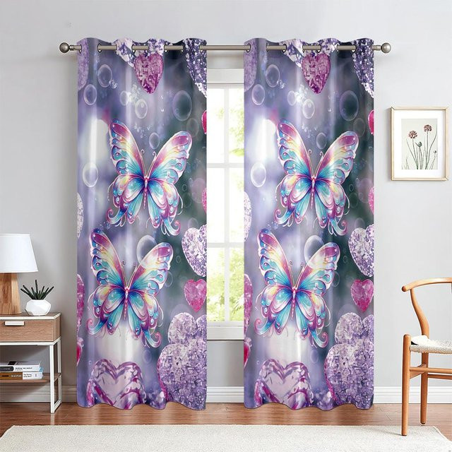Violette 3D-Schmetterlings Vorhänge für Kinderzimmer, 2er-Set halbtransparent mit Ösen, B: 85 cm, H: 200 cm - Bild 1