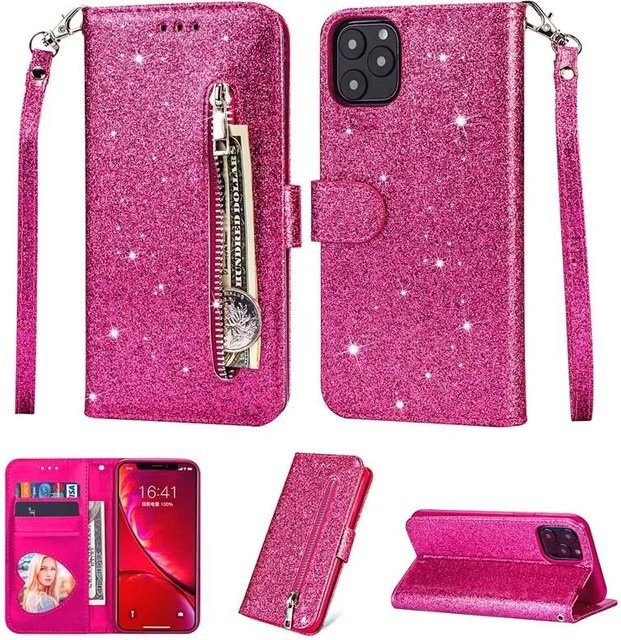 Rui Di Glitzer Handyhülle mit Reißverschluss und Magnetverschluss aus Leder für iPhone 16 Pro Max 15 14 13 12 11 XR XS SE 8 7 Plus in Rose Rot und Pink - Bild 1