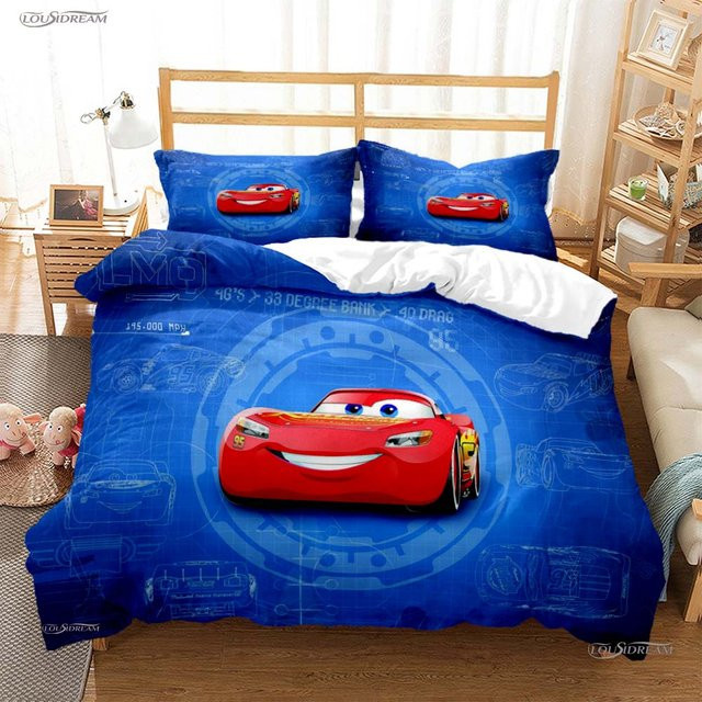 Pixar McQueen Auto Bettwäsche-Set mit Bettbezug und Kissenbezügen, Blau, B/H: 200 x 200 cm - Bild 1