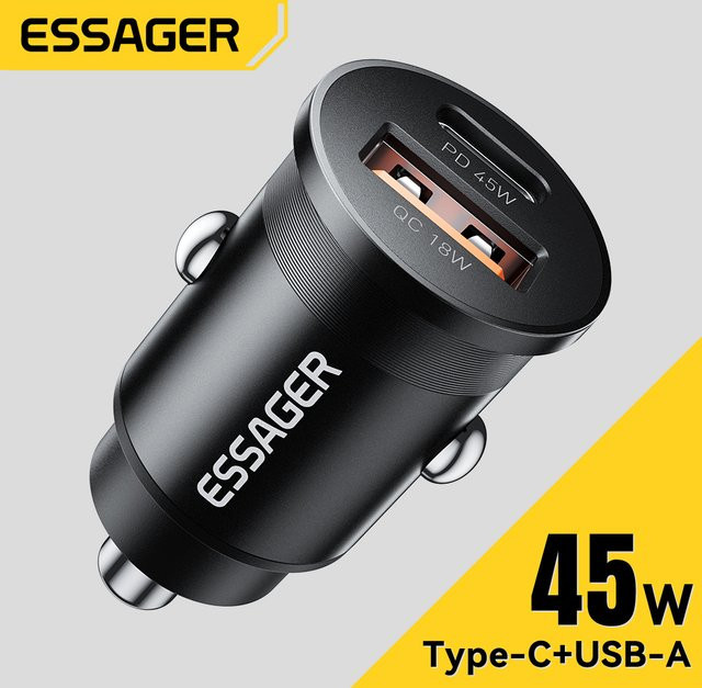 Essager 45 W Autoladegerät mit USB Typ C, PD QC 3.0 PPS Schnellladung, Schwarz - Bild 1