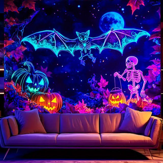 VIKAMA Halloween Wandteppich mit Fledermaus, Kürbis und Skelett im Cyberpunk Stil zur Wanddekoration für deinen Gaming Raum - Bild 1