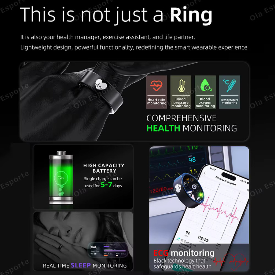 Ola Esporte Smart-Ring in Schwarz mit EKG-Erkennung, Blutdruckmessung, Herzfrequenzmonitor, Körpertemperaturmessung und GPS-Tracking für Damen und Herren - Bild 2