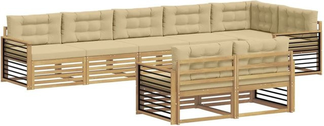 vidaXL Outdoor-Sofagarnitur 8-teilig in L-Form aus Akazienholz mit Kissen in Weiß und Beige - Bild 1