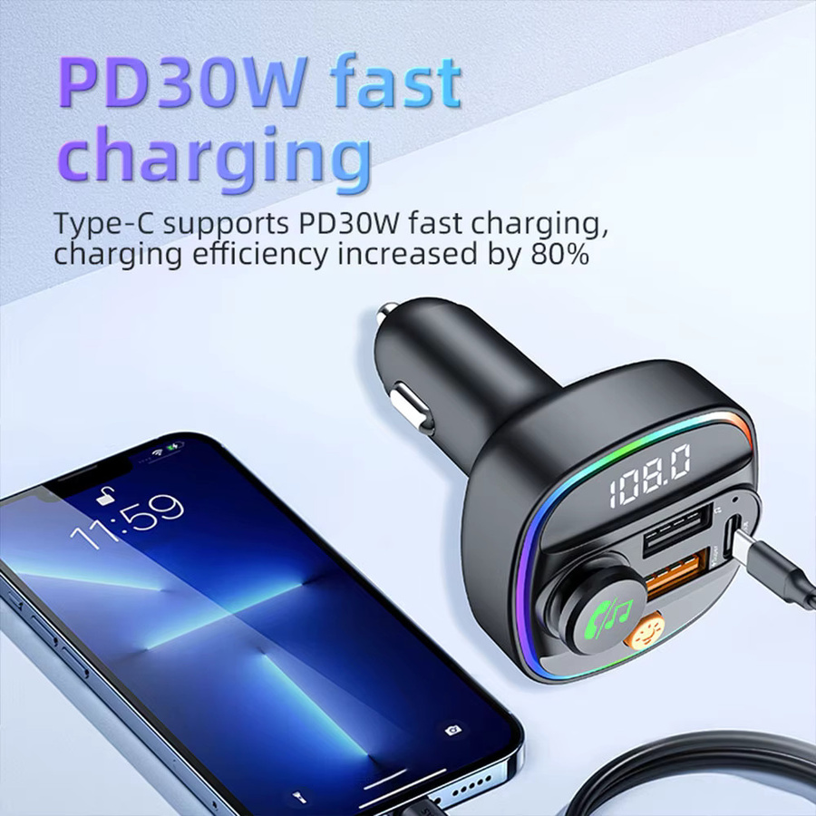 LUTU Bluetooth 5.4 FM-Transmitter mit Freisprecheinrichtung, MP3-Player und PD30 W Schnellladeadapter in Schwarz - Bild 3