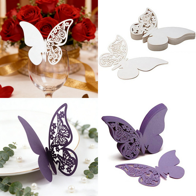 50 Stück 3D-Papier-Schmetterlinge als ausgehöhlte Tassenkarten für Valentinstag und Hochzeiten in Lila und Weiß - Bild 1