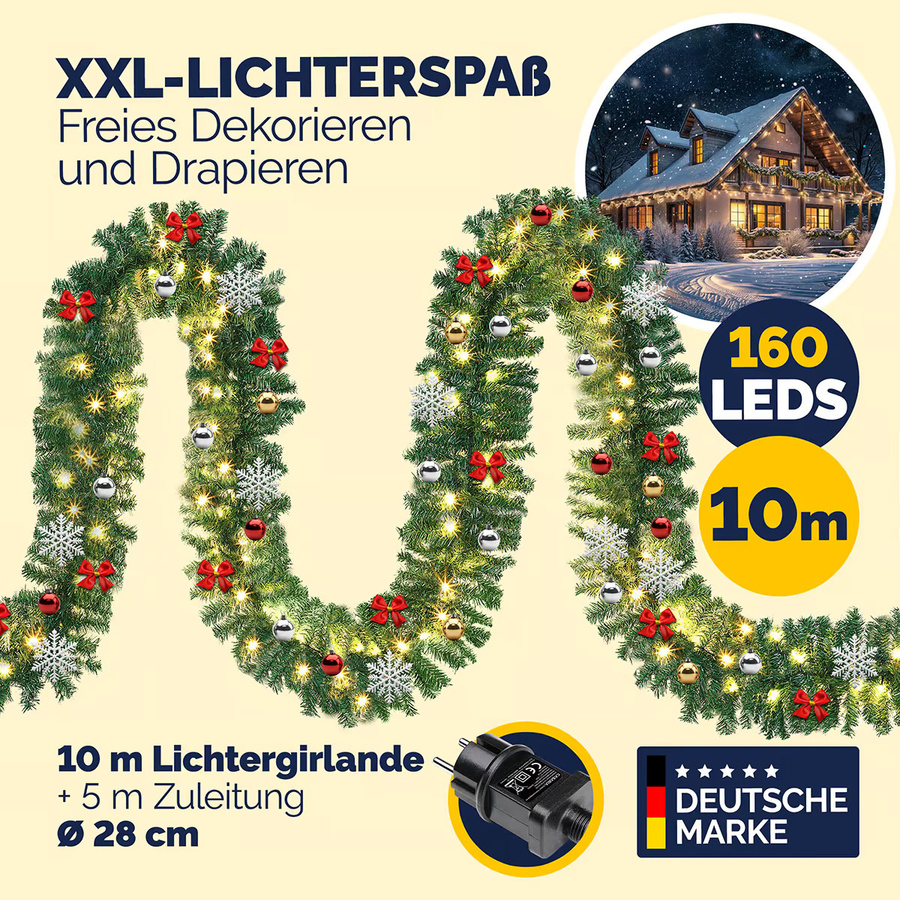 Casaria Weihnachtsgirlande mit LED-Beleuchtung in Warmweiß, 10m, Grün/Mehrfarbig, In- und Outdoor geeignet - Bild 2