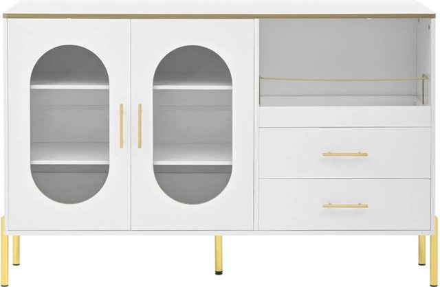 Modernes Sideboard PXloue in Weiß mit goldenen Akzenten, 2 Schubladen und 2 Glastüren, B/T/H: 140 x 38 x 90 cm - Bild 1