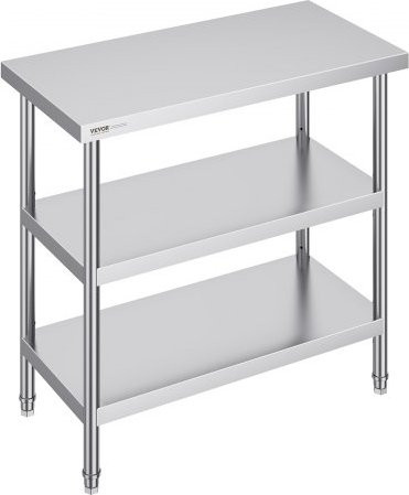 VEVOR Lebensmittel-Zubereitungstisch aus Edelstahl in Silber, gewerblicher Küchenarbeitstisch mit 2 verstellbaren Unterregalen, B/T/H: 91,4 x 45,7 x 86,4 cm - Bild 1
