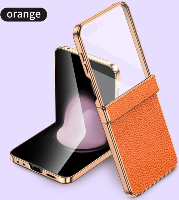 Rindsleder Handyhülle für Samsung Galaxy Z Flip 7 FE 5G, Galaxy Z Flip 7, Galaxy Z Flip 6 und Galaxy Z Flip 5 mit Scharnier-Schutz und gehärtetem Glas in Orange - Bild 1