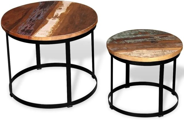 vidaXL 2-teiliges Couchtisch-Set aus Massivholz im Industrie-Stil, rund, Altholz Eiche und Eisen, braun/schwarz - Bild 1