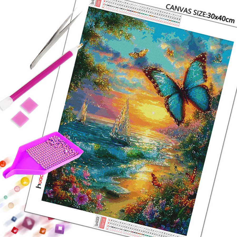 Huacan 5D DIY Diamantmalerei Sonnenuntergang am Meer mit Schmetterling als dekoratives Mosaik-Landschaftsgemälde in Mehrfarbig, B/H: 20 x 30 cm - Bild 2