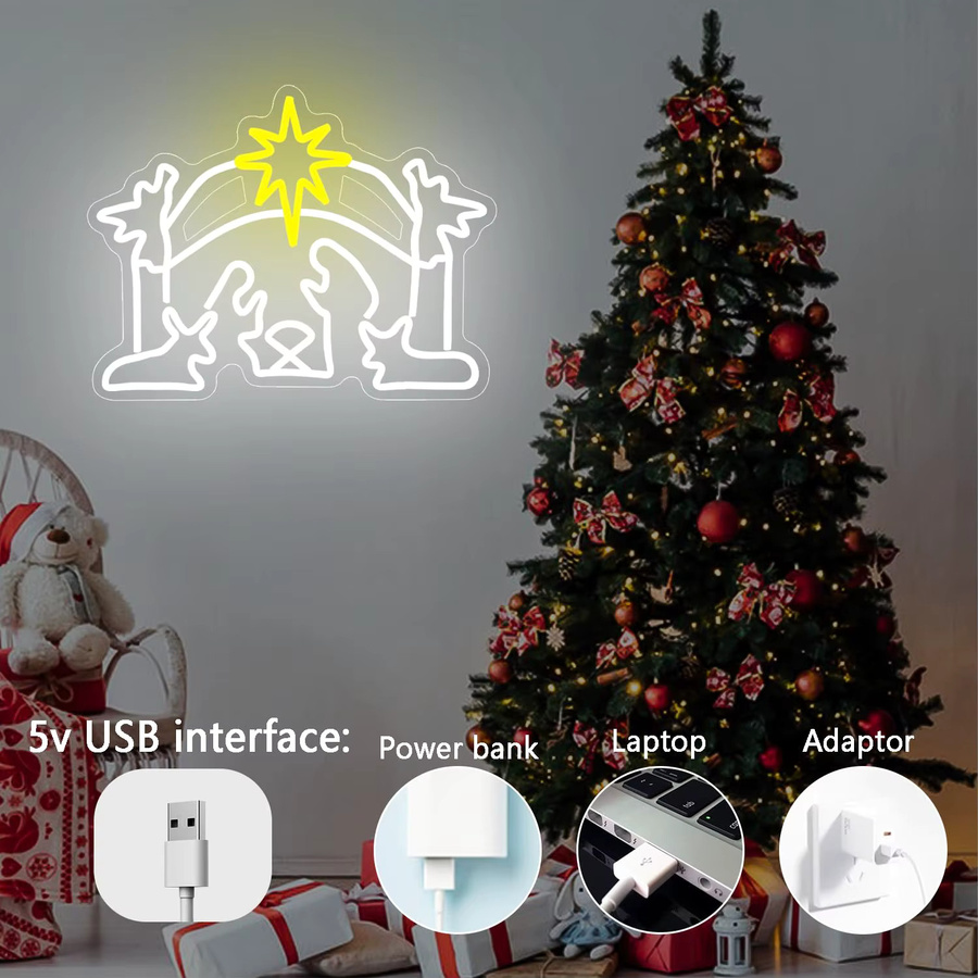 Dimmbares Weihnachtskrippe Neonschild zur Wanddekoration in Weiß mit USB-Anschluss - Bild 3