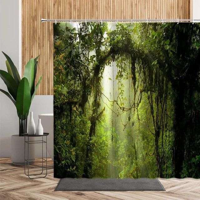 Wasserdichter 3D-Duschvorhang von Dunika Chen mit tropischem Wald-Motiv in Grün, B: 60 cm, H: 190 cm - Bild 1