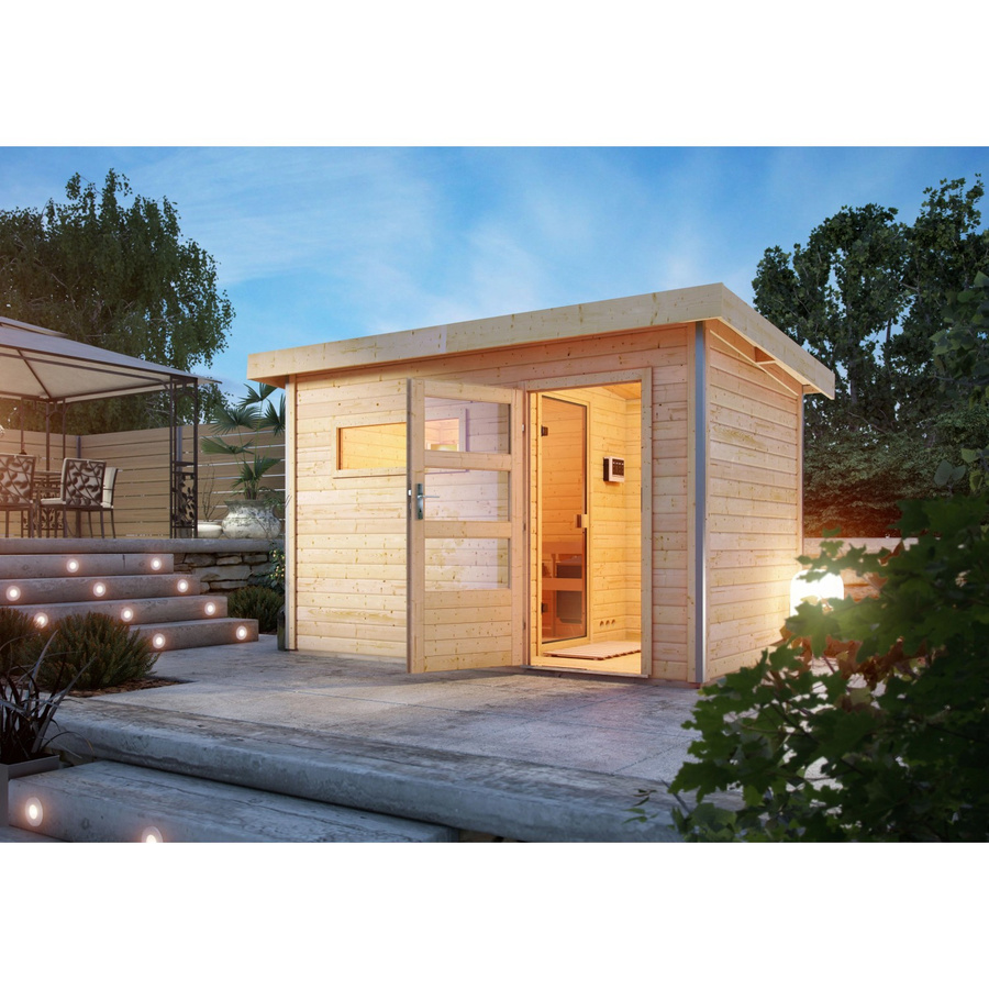 Karibu Saunahaus Hendrik 3 aus Fichte in Beige mit 9kW Bio-Ofen und externer Steuerung - Bild 2