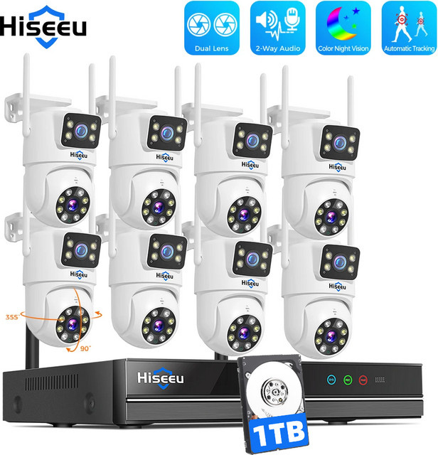 Hiseeu WLAN Überwachungssystem mit 10CH NVR, 3K 6MP Dual-Objektiv Smart PTZ IP-Kameras, Farbnachtsicht und Auto-Tracking, Weiß - Bild 1