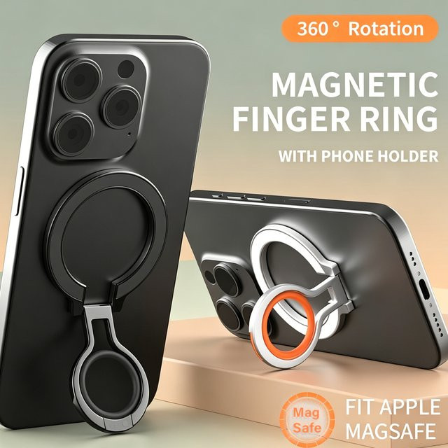 QGhappy 360 Grad drehbarer Magnethalter für MagSafe, faltbarer Fingerring-Magnetständer in Schwarz, kompatibel mit iPhone 17, 16 Pro und Samsung - Bild 1