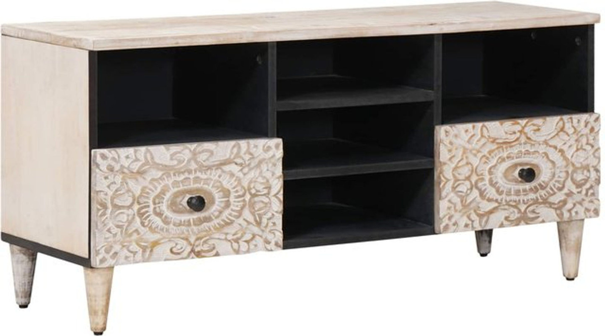 vidaXL TV-Schrank aus Massivholz Mango in Weiß mit Regal, Modernes Design, B/T/H: 100 x 33,5 x 46 cm - Bild 1