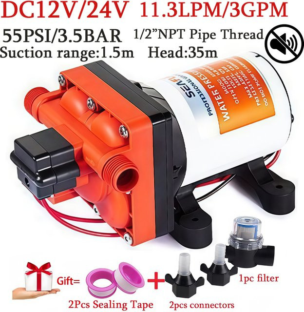 Selbstansaugende vierkammerige Membranpumpe von xmshxltd als Druckerhöhungspumpe für Wohnmobile und Yachten, 11,3 l/min, 55 PSI, 35 m Förderhöhe, DC12 V/DC24 V - Bild 1