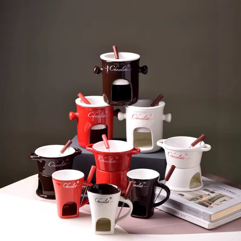 JUSTINLAU Mini-Keramiktasse Fondue-Set in Braun mit Gabel, 130 ml Fonduetopf für Schokolade, Käse oder Eis - Bild 3