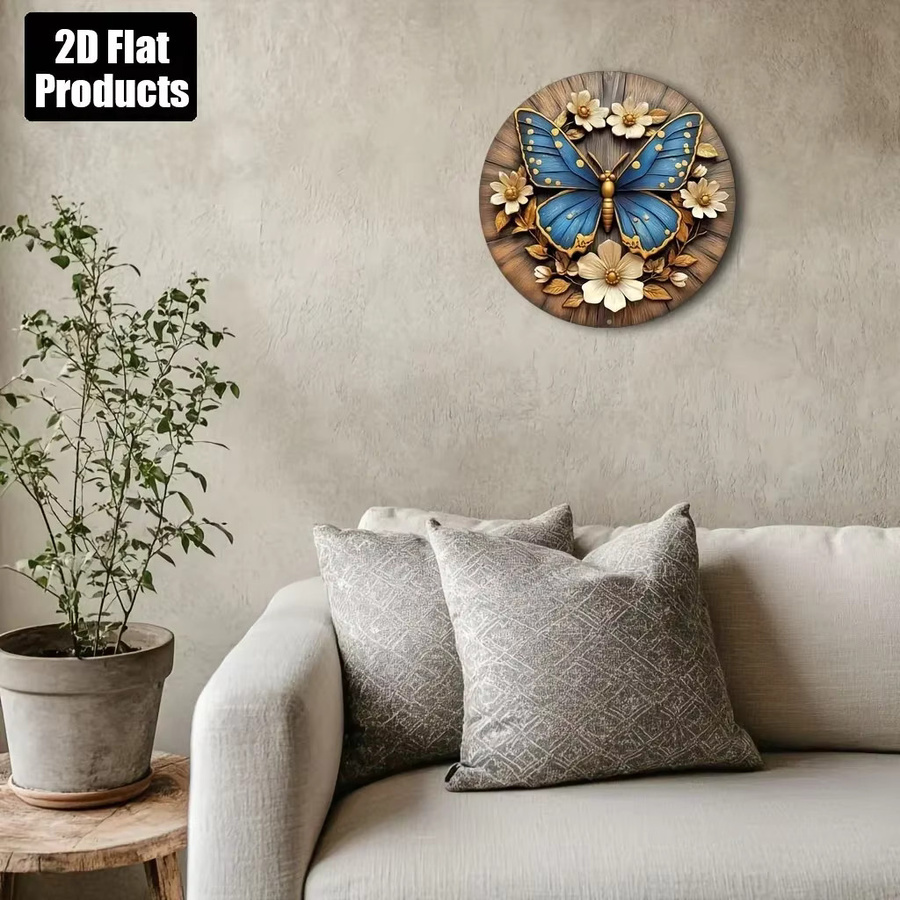 HELLOYOUNG Vintage Schmetterling Wandschild aus Metall in Blau, Runde Aluminium-Zinn Wanddekoration mit floralem Motiv, Durchmesser: 20,32 cm - Bild 4