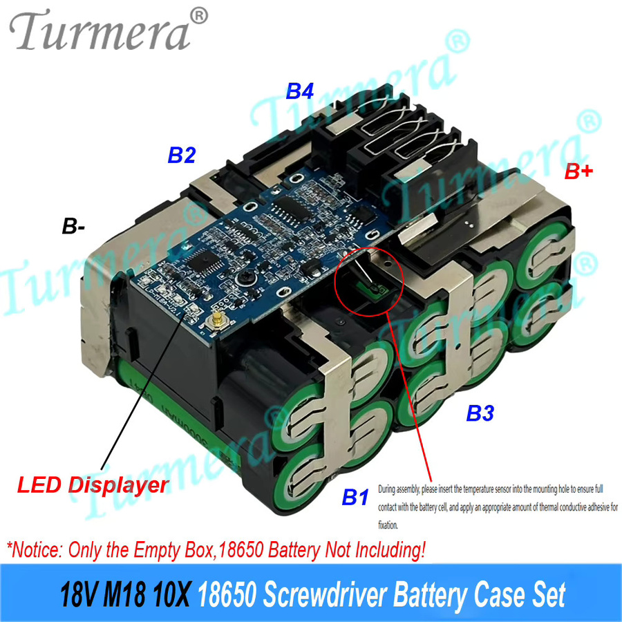 Turmera 18V M18 Akku-Gehäuse mit 30A BMS Display für 10x 18650 Zellen in Schwarz - Bild 3