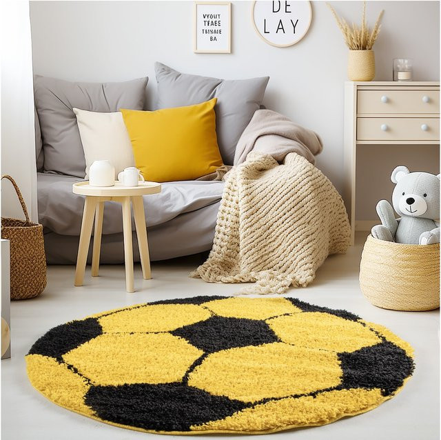 Kinderteppich Kadima Design MATREI mit Fußball-Motiv, Gelb, Durchmesser: 120 cm - Bild 1