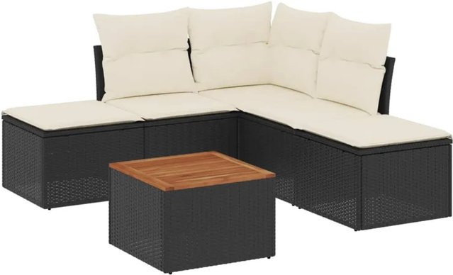 vidaXL 6-teilige Garten-Sofagarnitur in L-Form aus Poly-Rattan und pulverbeschichtetem Stahl mit Kissen in Schwarz-Creme - Bild 1