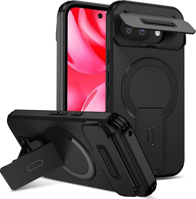 Magnetische MagSafe-Schutzhülle für Google Pixel 10 9 8 Pro XL 8A 9A 10A mit Schiebe-Kameraschutz und klappbarem Ständer in Schwarz und Lila - Bild 1