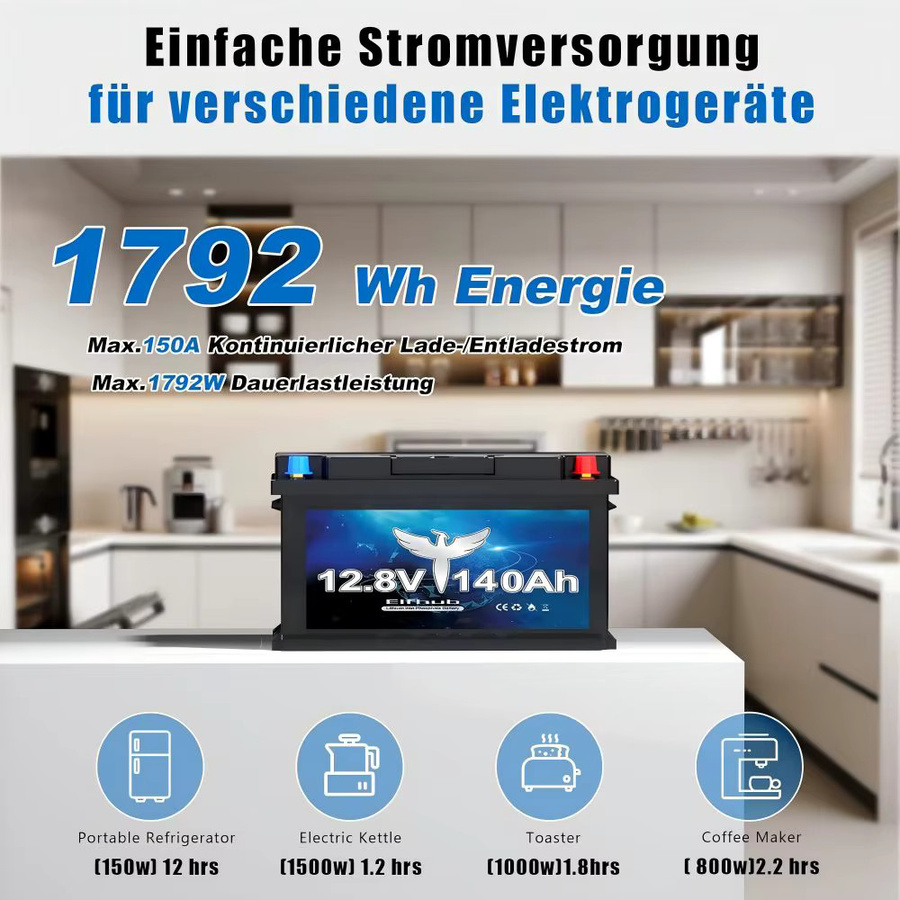 LiFePO4 Batterie 12V 140Ah H190 mit 1792Wh und Smart Bluetooth BMS für Wohnmobil Solar Camping in Schwarz und Violett, Höhe: 189 mm - Bild 6