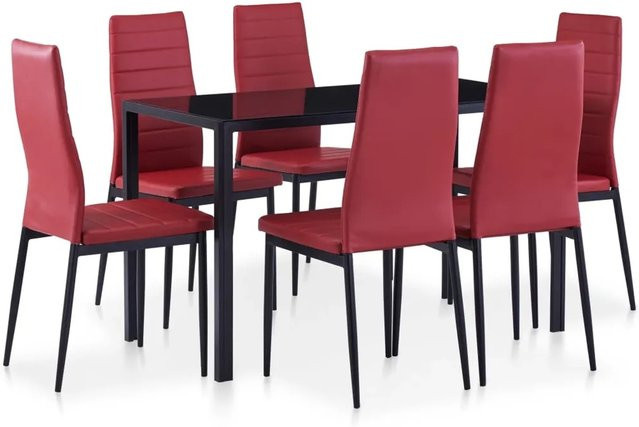 vidaXL 7-tlg. Essgruppe Weißrot Modell 1 mit Glastisch und Stühlen in modernem Design - Bild 1