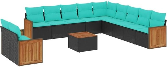 vidaXL 12-tlg. Gartensofa-Set aus Polyrattan in Schwarz mit Kissen und Couchtisch für Garten und Terrasse - Bild 1