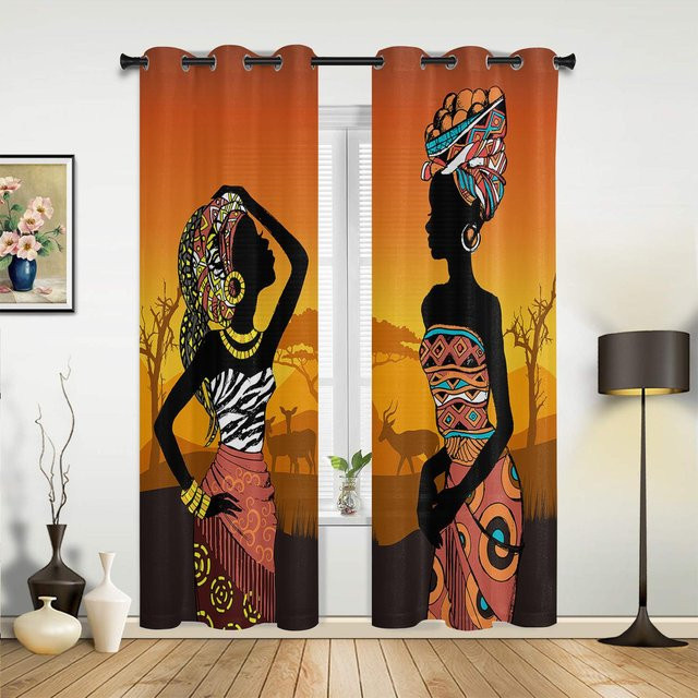 Dekorative Vorhänge mit afrikanischen Silhouetten von Frau, Giraffe und Elefant in Multicolour für Wohnzimmer, Schlafzimmer oder Kinderzimmer, Breite: 135 cm, Höhe: 60 cm - Bild 1