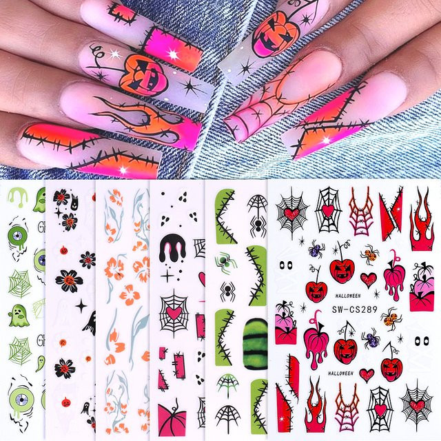 SWEET TREND Nagelaufkleber, 3D-Schädel-Halloween-Kürbis-Design, 6 Stück, Unisex - Bild 1
