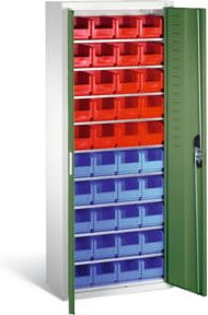 C+P Magazinschrank mit 40 Sichtlagerkästen, abschließbar, Front Resedagrün, Korpus Lichtgrau, H: 169 cm, B: 70 cm, T: 30 cm - Bild 1