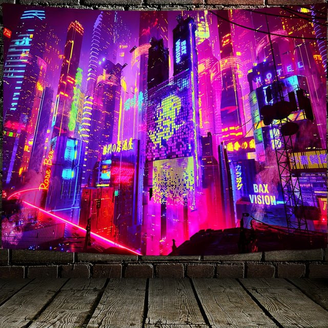 VIKAMA Cyberpunk City Wandteppich in Multicolour als Neon Wandbehang für dein E-Sport Zimmer, B/H: 40 x 40 cm - Bild 1