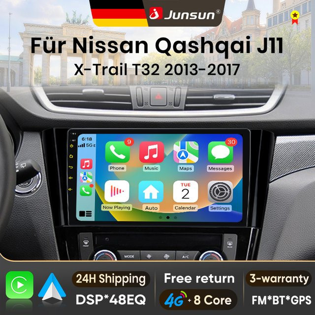 Junsun Android 15 Autoradio mit 10 Zoll IPS-Bildschirm für Nissan Qashqai J11 und X-Trail T32, kabelloses Apple CarPlay, Stereo-Multimedia-Videoplayer in Schwarz - Bild 1