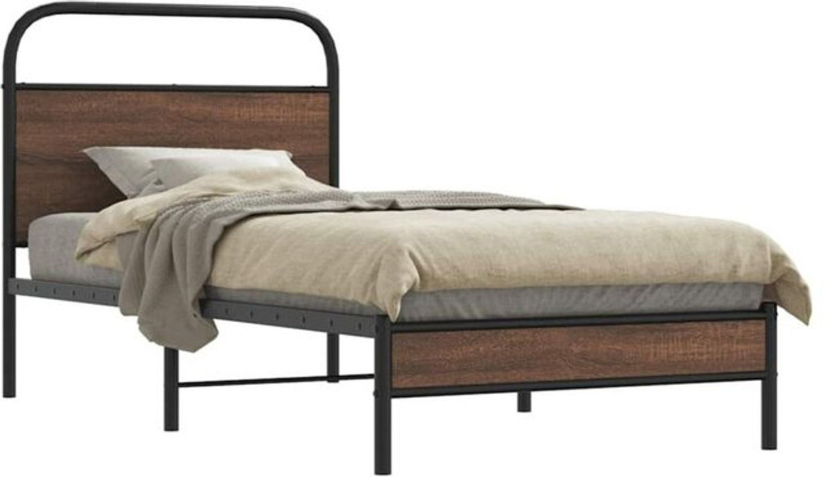 Vidaxl Einzelbett Bettgestell ohne Matratze in Braun Eichen-Optik aus Holz und Stahl im Industrial-Stil B/T/H: 90 x 190 cm - Bild 1