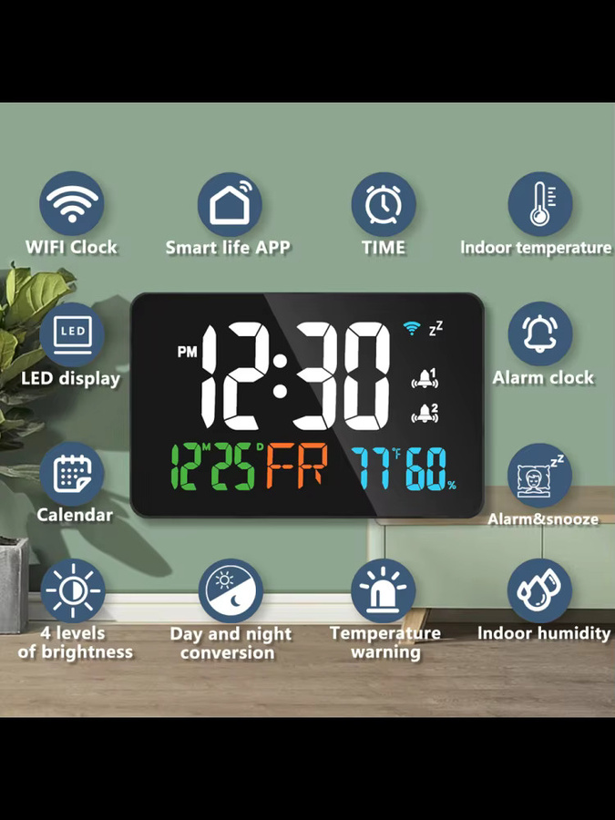 Tuya Smart WiFi Desktop Uhr mit LED Display, Kalender, Thermometer und Hygrometer in Schwarz - Bild 7