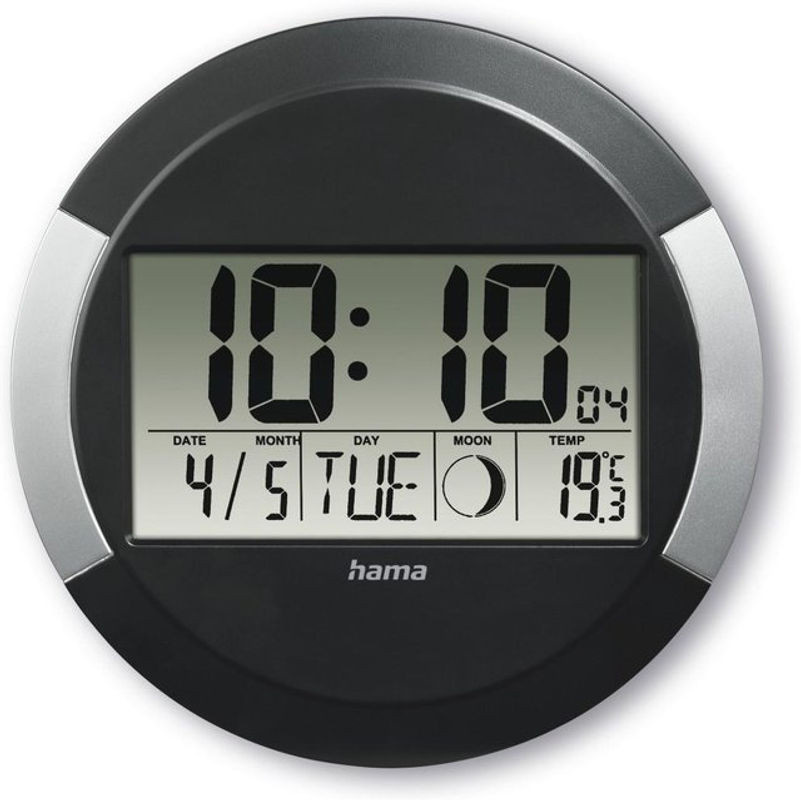 Hama Digitale Funkwanduhr mit Thermometer, rund, Schwarz/Silber, Durchmesser: 24.5 cm, Tiefe: 1.5 cm - Bild 1