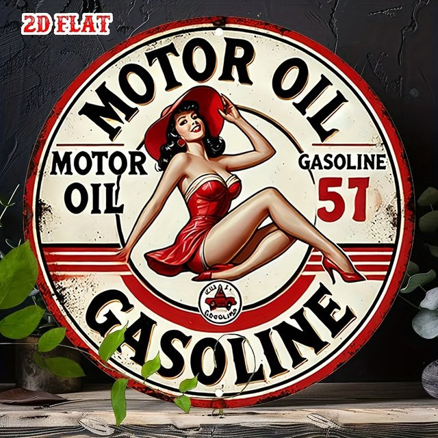 Potdemiel Vintage Metallschild rund mit Pin-Up Girl Motiv, Retro Benzin Werbung Poster aus Aluminium, Durchmesser: 20 cm, Mehrfarbig - Bild 1