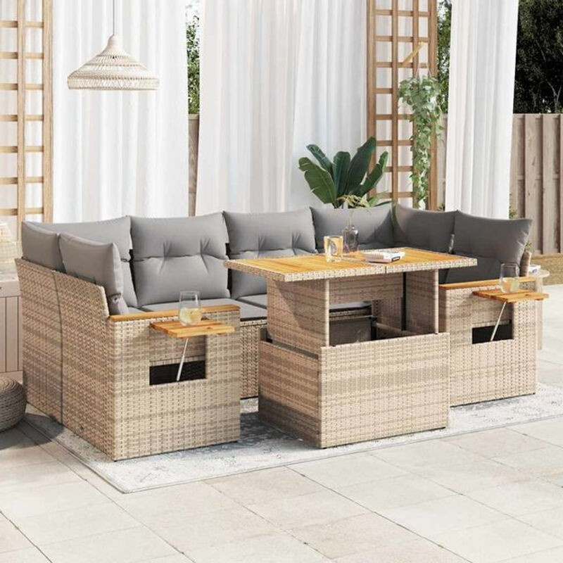 Vidaxl 7-tlg. Garten-Sofagarnitur aus Polyrattan und Akazie mit Kissen in Beige - Bild 1