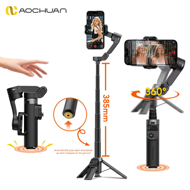 AOCHUAN Smart X3 3-Achsen Gimbal-Stabilisator mit 360 Grad Pan Rotation, integrierter Verlängerungsstange und Stativöffnung für iPhone und Android-Smartphones, Schwarz - Bild 7