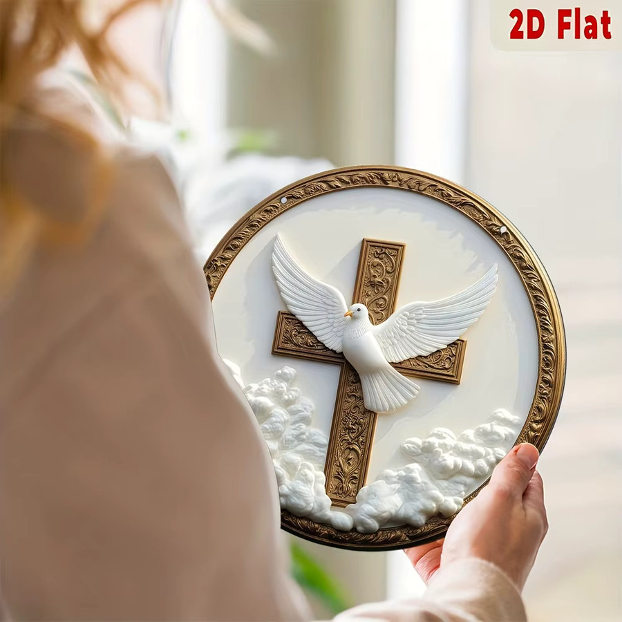 CIFBUY Christliche Metallwandkunst mit Taube und Kreuz, runde Wanddekoration in Gold und Weiß, Durchmesser: 20,32 cm - Bild 4