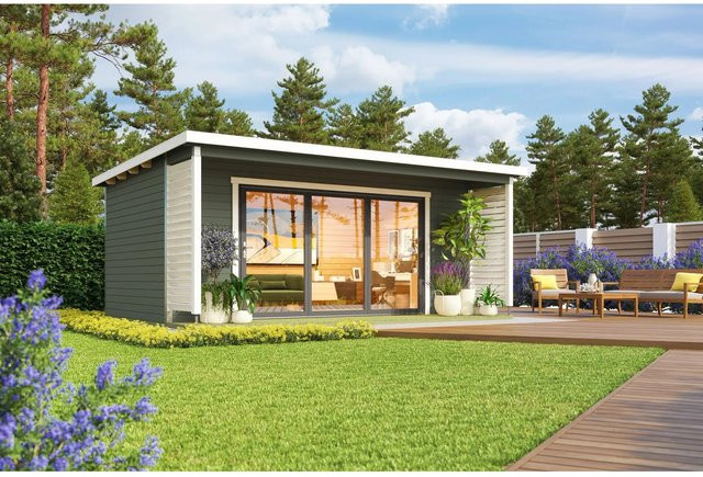 Lasita Blockbohlenhaus Liverpool Gartenhaus mit Flachdach in Grau-Grün lasiert, B/H/T: 580 x 239,4 x 430 cm - Bild 1